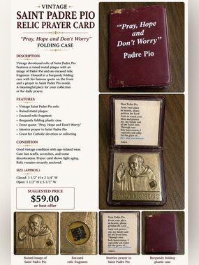 Vintage Saint Padre Pio Relic Prayer Card with Encased Relic Folding Prayer Case